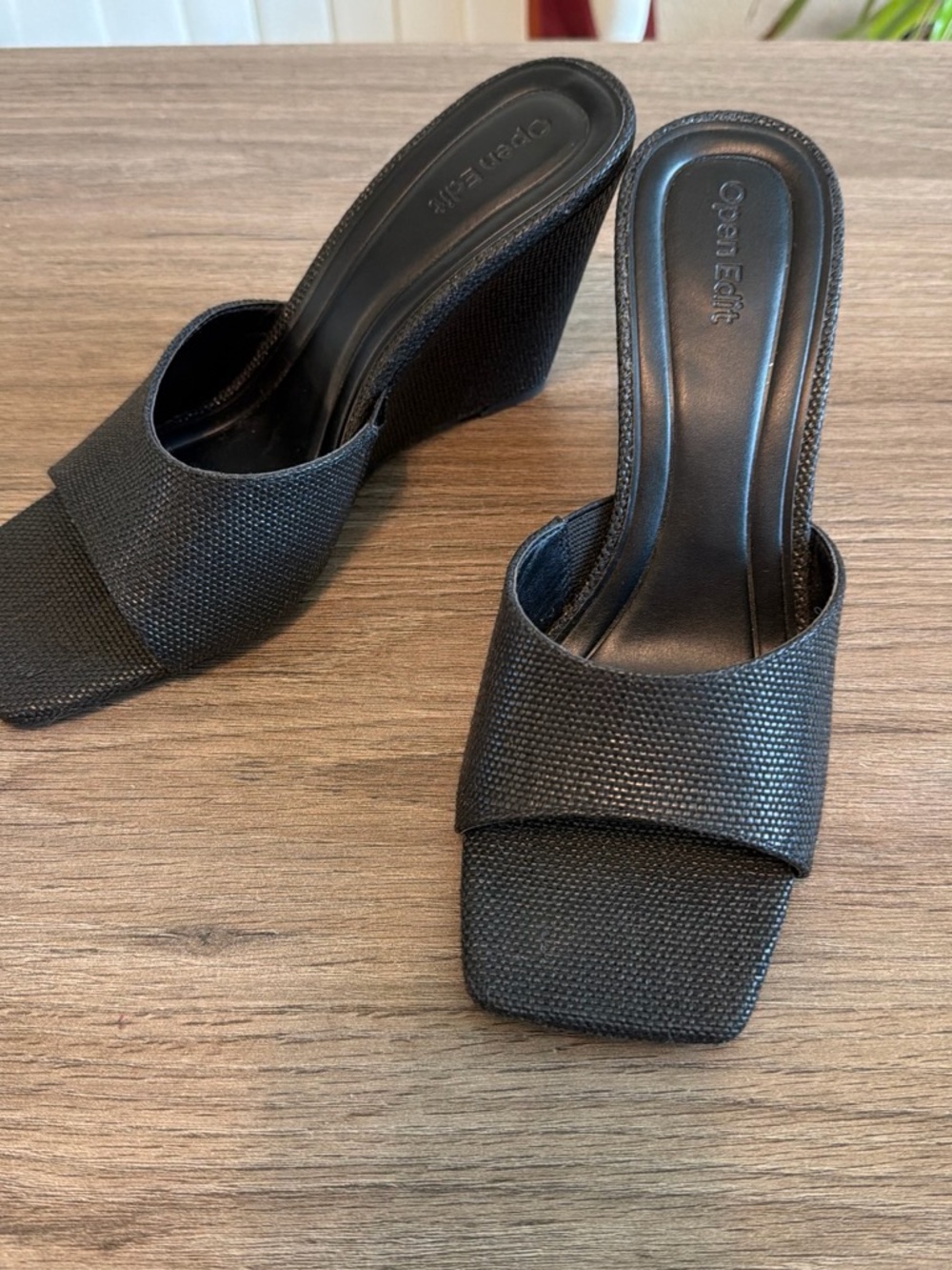 Open-Edit Black Woven Wedge Slide Sandals for Women